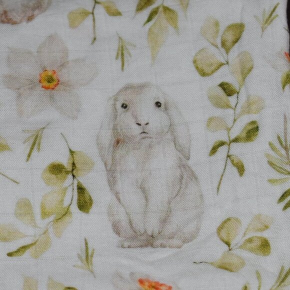 Spring Bunny Rabbit Flowers Leaves Nursery Swaddle Muslin Baby Blanket - Picture 5 of 12